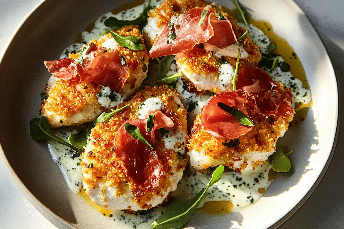 Panko-Parmesan Chicken Cutlets with Homemade Ranch and Crispy Prosciutto