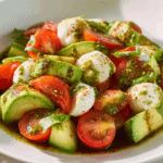 Tomato Cucumber Avocado Salad with Mozzarella & Basil Pesto