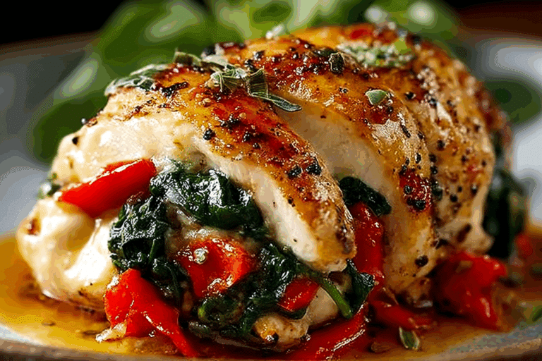 Roasted Red Pepper, Spinach, and Mozzarella Stuffed Chicken