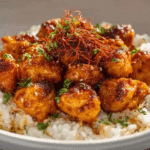 Honey Garlic Chicken Bites Over Creamy Rice