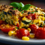 Cheesy Zucchini Corn Tomato Bake with Parmesan Crust
