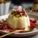 White Chocolate & Cardamom Panna Cotta with Pistachio & Rose