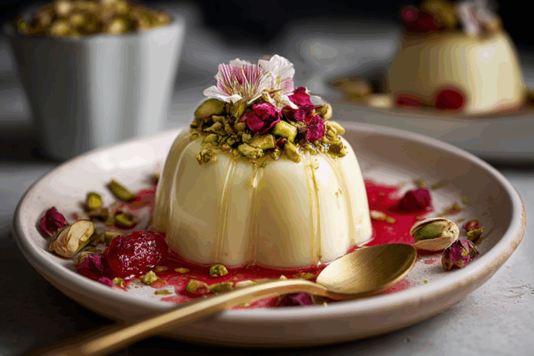 White Chocolate & Cardamom Panna Cotta with Pistachio & Rose