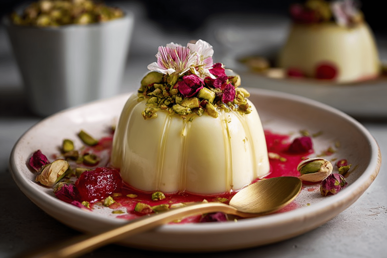 White Chocolate & Cardamom Panna Cotta with Pistachio & Rose