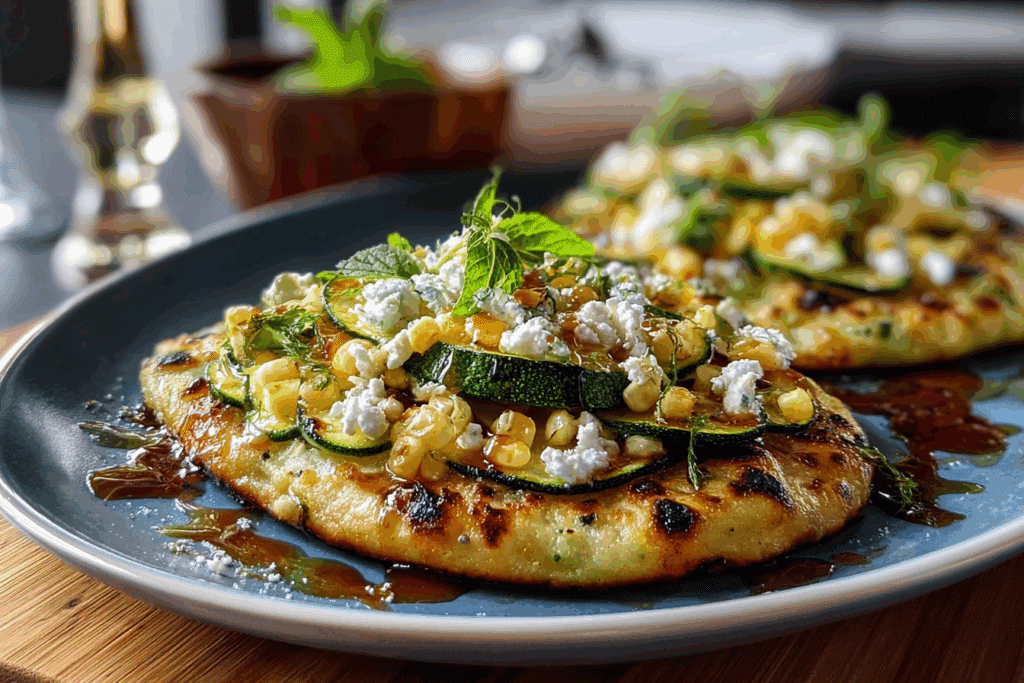 ZUCCHINI & SWEET CORN FLATBREAD WITH FETA & HONEY DRIZZLE