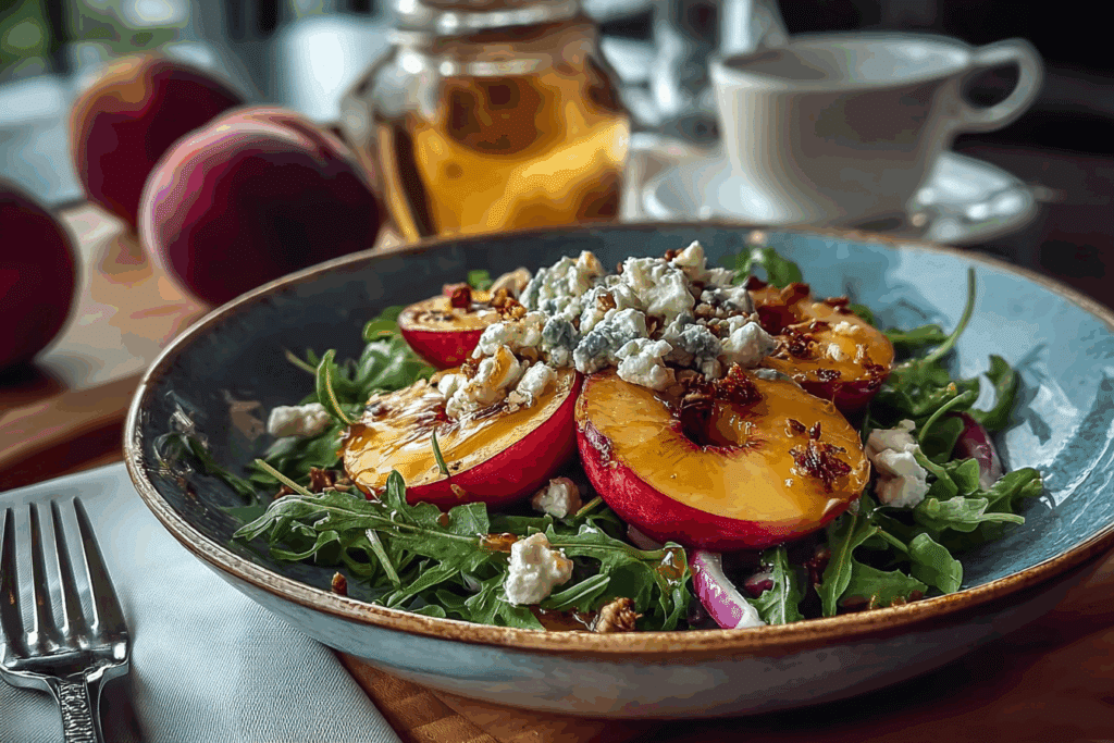 FRESH PEACH SALAD WITH ARUGULA, FETA & HONEY DRESSING