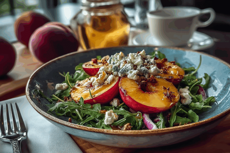 FRESH PEACH SALAD WITH ARUGULA, FETA & HONEY DRESSING