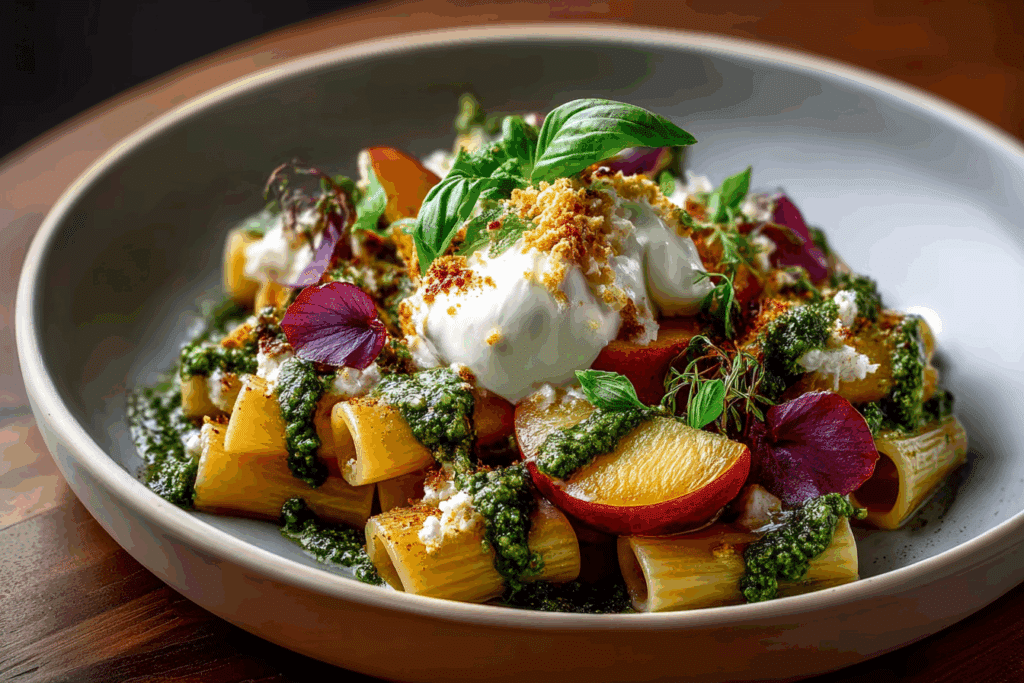 SUMMER PEACH & BURRATA RIGATONI WITH BASIL PESTO DRIZZLE