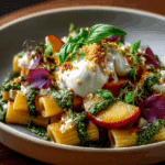 SUMMER PEACH & BURRATA RIGATONI WITH BASIL PESTO DRIZZLE