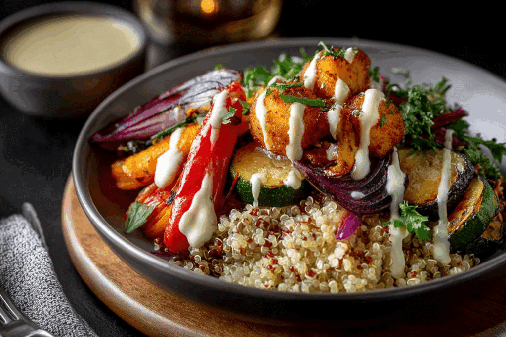 Roasted Vegetable & Quinoa Bowl with Lemon Tahini Drizzle