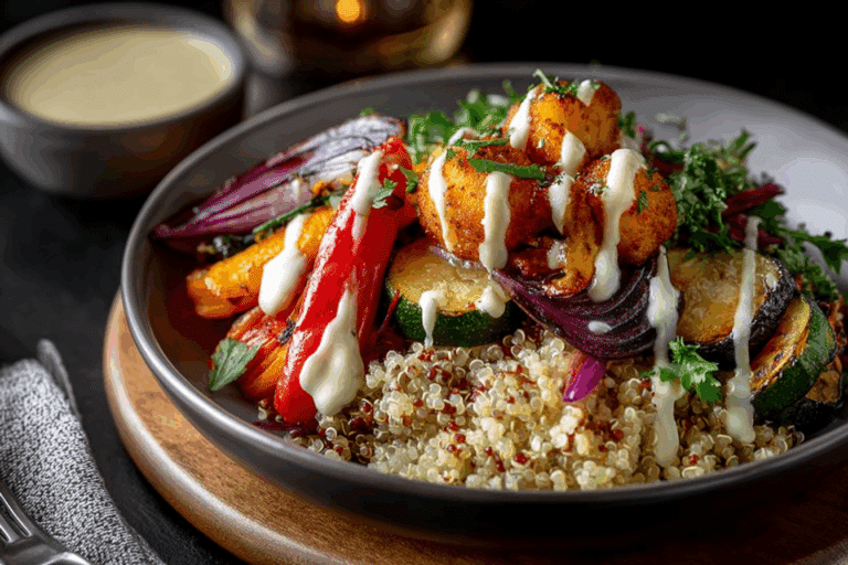 Roasted Vegetable & Quinoa Bowl with Lemon Tahini Drizzle