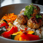 Roasted Veggie & Juicy Meatball Rice Bowl