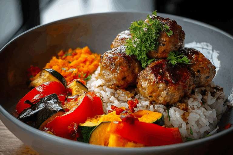 Roasted Veggie & Juicy Meatball Rice Bowl