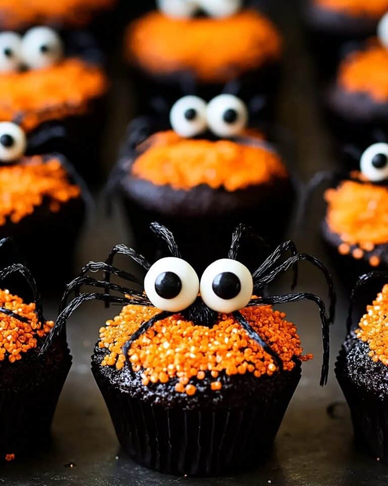 Spider Cupcakes with Candy Corn and Red Hot Accents Recipe