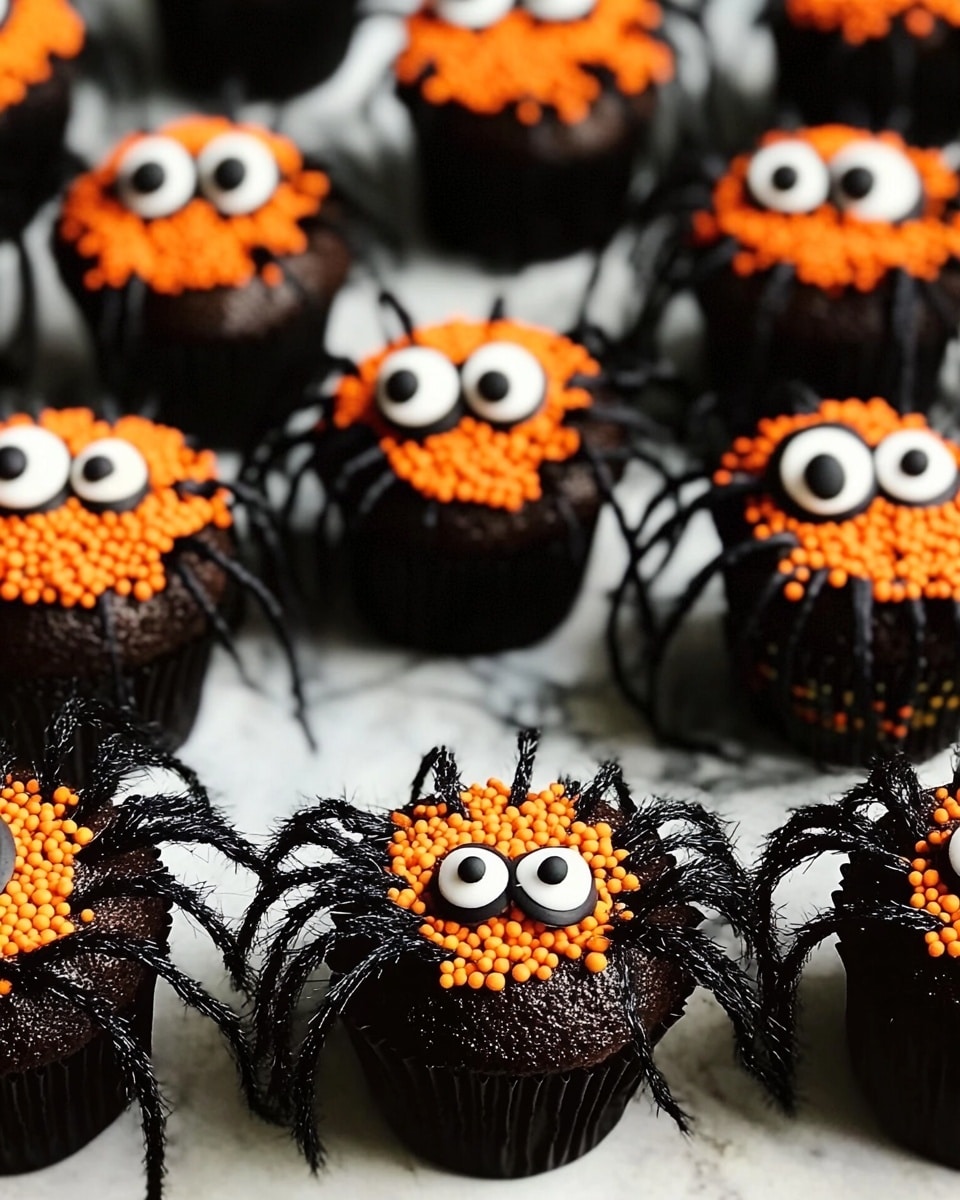 Spider Cupcakes with Candy Corn and Red Hot Accents Recipe - Recipe Image