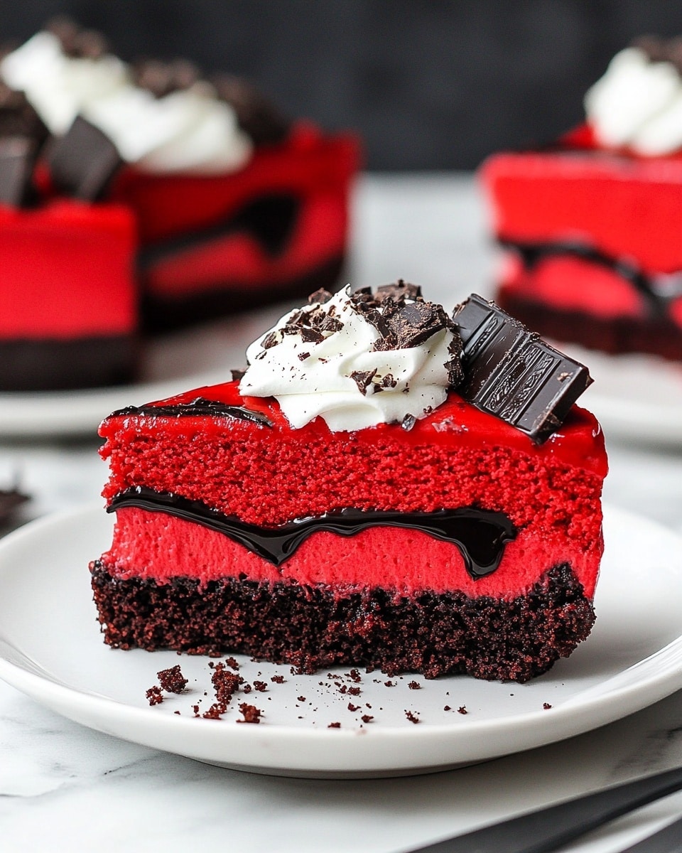 The image shows a round red cheesecake with three main layers. The bottom layer is a solid red cheesecake base. The middle layer has a center drizzle of brown caramel sauce with crushed dark chocolate cookies sprinkled around it forming a ring. The outer layer is made of white whipped cream piped in swirled dollops around the edge. Each whipped cream swirl is topped with a halved dark chocolate sandwich cookie. The entire cake sits on a white marbled surface, with some crumbs and cookie pieces scattered around. Photo taken with an iphone --ar 4:5 --v 6.1
