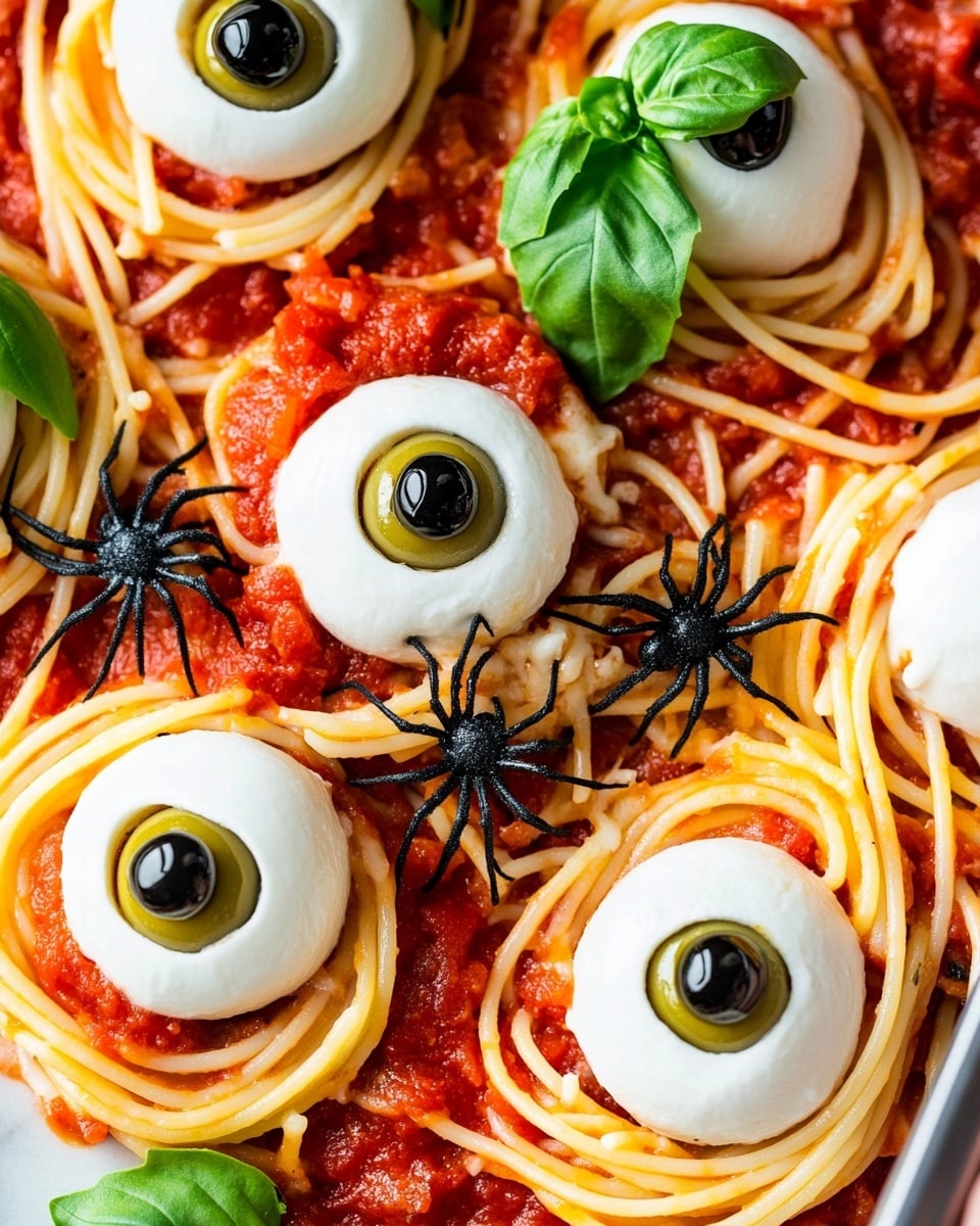 The dish shows an oval silver plate with ten small spider-web nests made of yellow spaghetti twisted into round shapes. Each nest is topped with a white ball that looks like a mozzarella ball, with a small black olive piece in the center resembling an eyeball. Bright red tomato sauce spreads unevenly between the spaghetti nests, adding texture and vibrant color. In the center, a small bunch of green basil leaves adds freshness. Two plastic black spiders sit on top of the sauce to add a spooky effect. The plate rests on a wooden board covered by a black and white spider web cloth, with white plastic skeleton hands reaching into the frame from the corners. Photo taken with an iphone --ar 4:5 --v 6.1