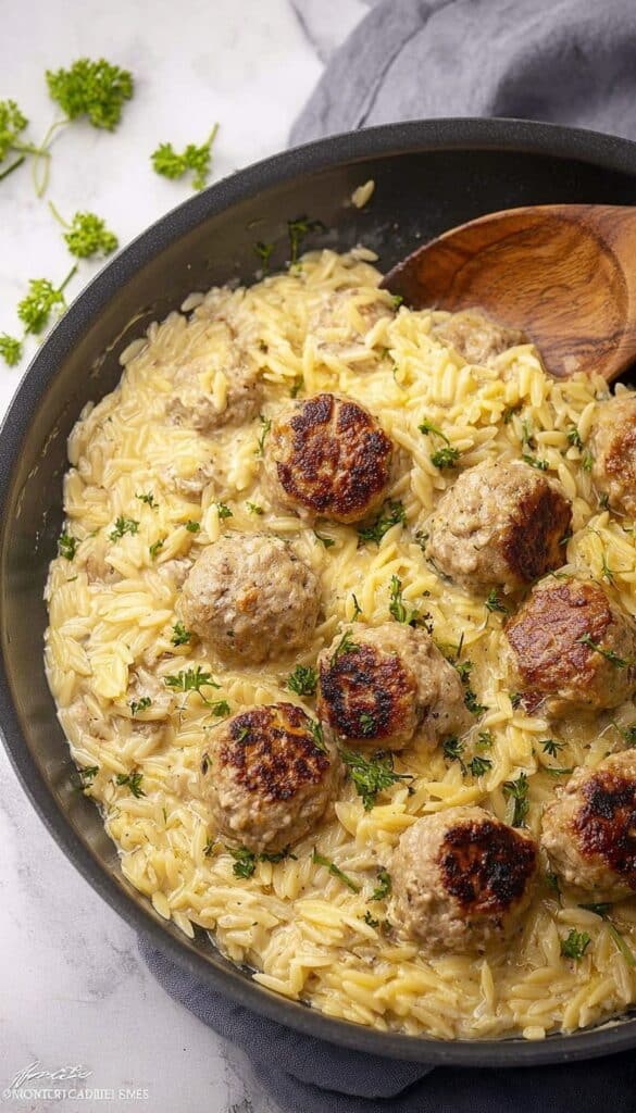 One Pan Chicken Meatballs with Garlic Parmesan Orzo Recipe