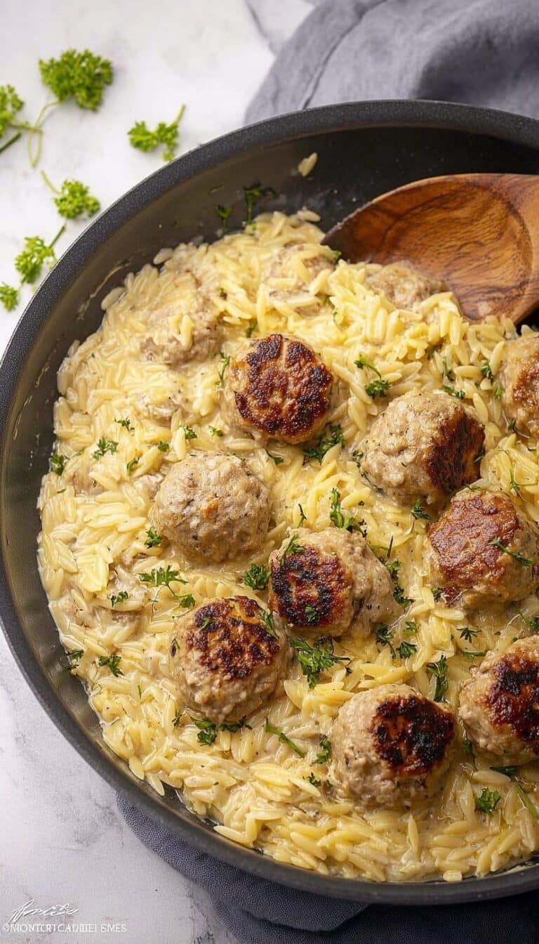 One Pan Chicken Meatballs with Garlic Parmesan Orzo Recipe