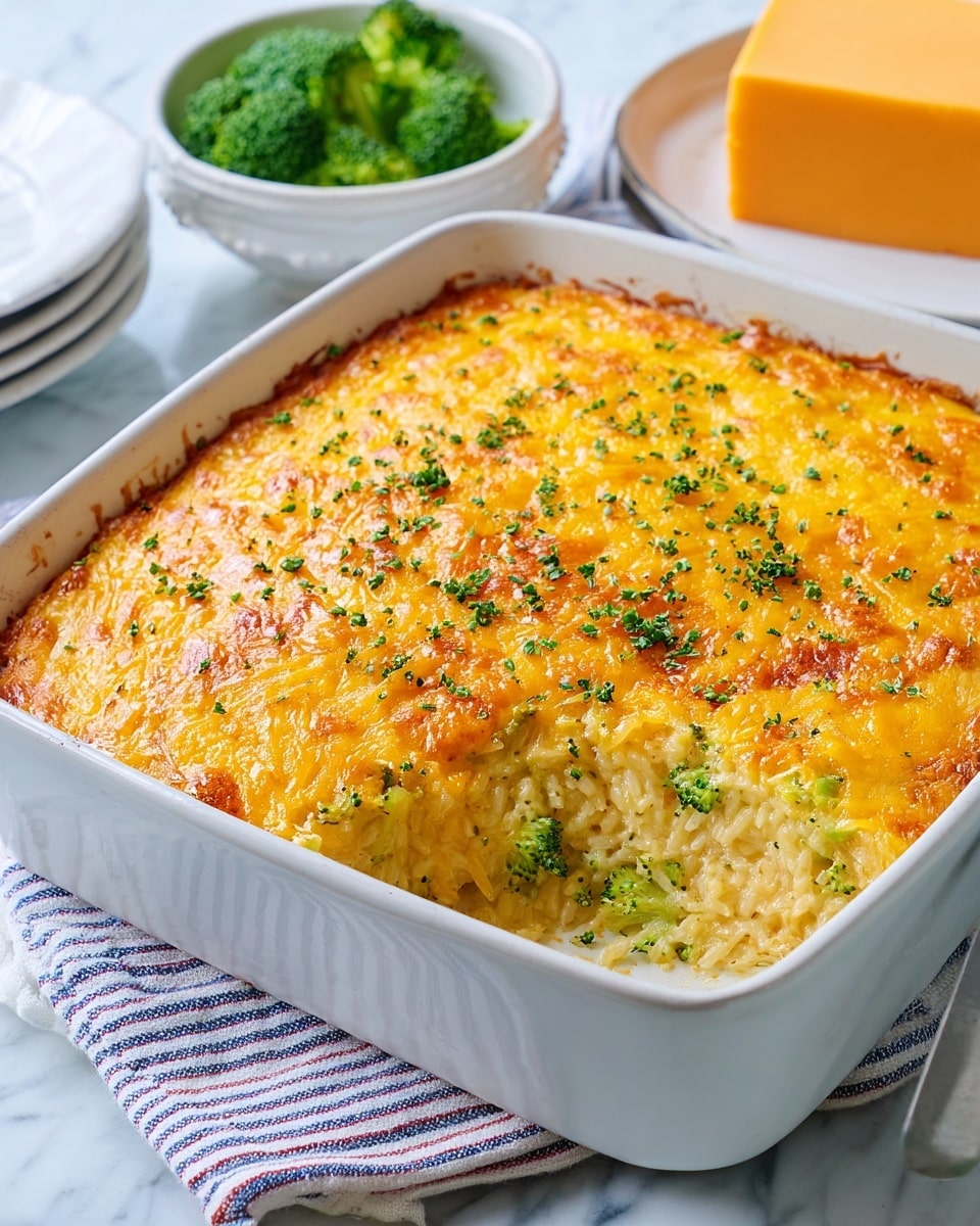 The dish is a baked casserole in a white rectangular ceramic dish with two handles. The top layer is golden brown melted cheese, sprinkled with green herbs and a few spots of red seasoning, creating a textured, slightly bubbly surface. Beneath the cheese, there is a creamy mixture with visible chunks of green broccoli florets, brown mushroom slices, and pale rice grains, all mixed together in a rich sauce. A spoon is scooping out a portion from one corner, showing the thick, layered texture inside. The dish sits on a white marbled surface with a blue and white striped cloth partially visible nearby. Photo taken with an iphone --ar 4:5 --v 7