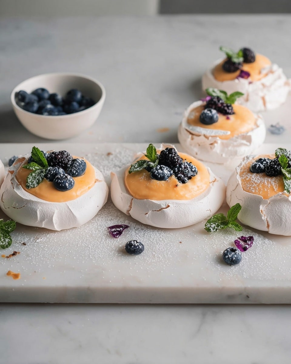 The image shows six round pavlova nests laid out on a surface with a white marbled texture. Each pavlova has a crisp, white outer shell with a delicate, slightly cracked texture. The inside of each nest is filled with smooth, light orange cream. On top of the cream, there are small clusters of dark blueberries, blackberries, and some green mint leaves, adding a fresh and colorful contrast. A light dusting of white powdered sugar is scattered lightly over the pavlovas and surface, enhancing the visual appeal. Two of the pavlovas are broken with visible cracks and fragments near them. photo taken with an iphone --ar 4:5 --v 7