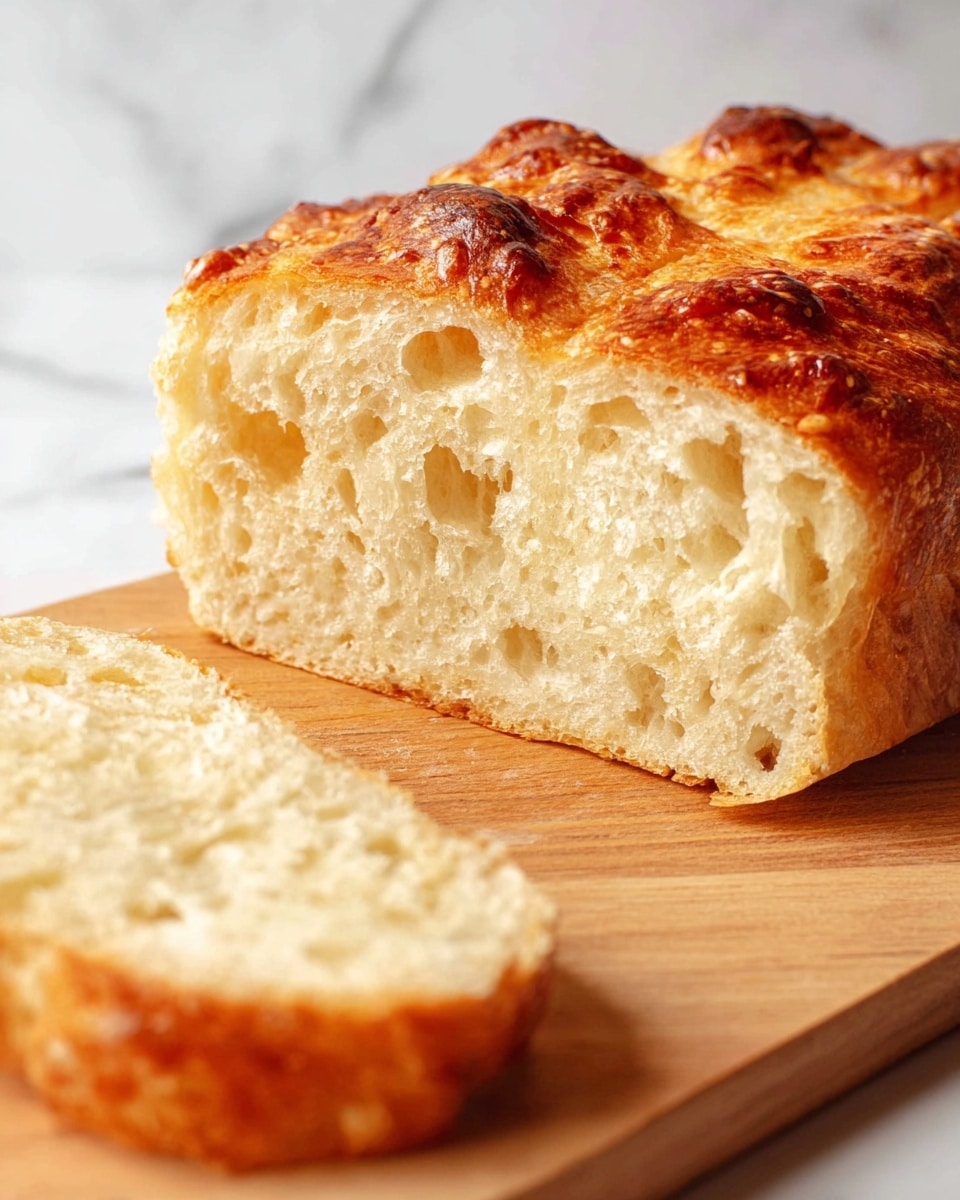 The image shows a close-up of a piece of soft, airy bread with a golden brown crust sitting on a wooden board. The bread has a bubbly, light texture with holes inside, showing its fluffiness. The crust looks slightly crunchy with some darker toasted spots on the top, and there are small grains of salt visible. In the front, a smaller piece of the same bread is out of focus, highlighting the larger piece in the background. The background surface is a white marbled texture. photo taken with an iphone --ar 4:5 --v 7