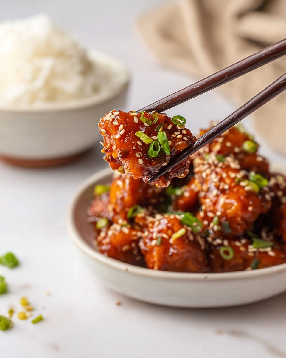 A shiny piece of orange-brown glazed chicken, held by dark wooden chopsticks, is covered with white sesame seeds and small green onion slices. The background shows a white bowl full of similar glazed chicken pieces and a white bowl with white rice. Everything is set on a white marbled surface. Photo taken with an iphone --ar 4:5 --v 7