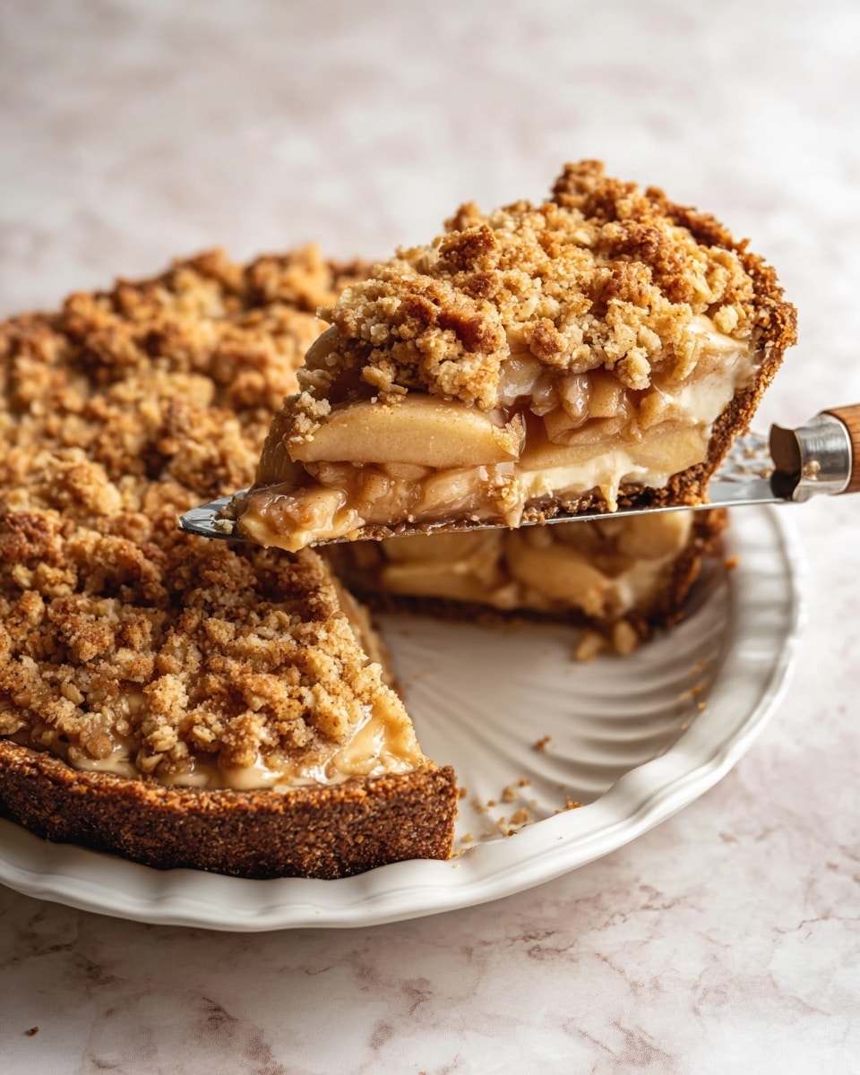 A round pie with three visible layers sits on a white plate with curved edges. The bottom layer is a thick, crumbly crust in a dark golden brown color that lines the base and sides. The middle layer is a dense and creamy filling in light beige. The top layer is covered with a chunky, golden crumble that looks crisp and uneven, with small pieces of cinnamon-spiced fruit visible underneath. One slice is being lifted out with a spatula that has a wooden handle, showing the full height of all the layers. The pie is on a white marbled surface. photo taken with an iphone --ar 4:5 --v 7