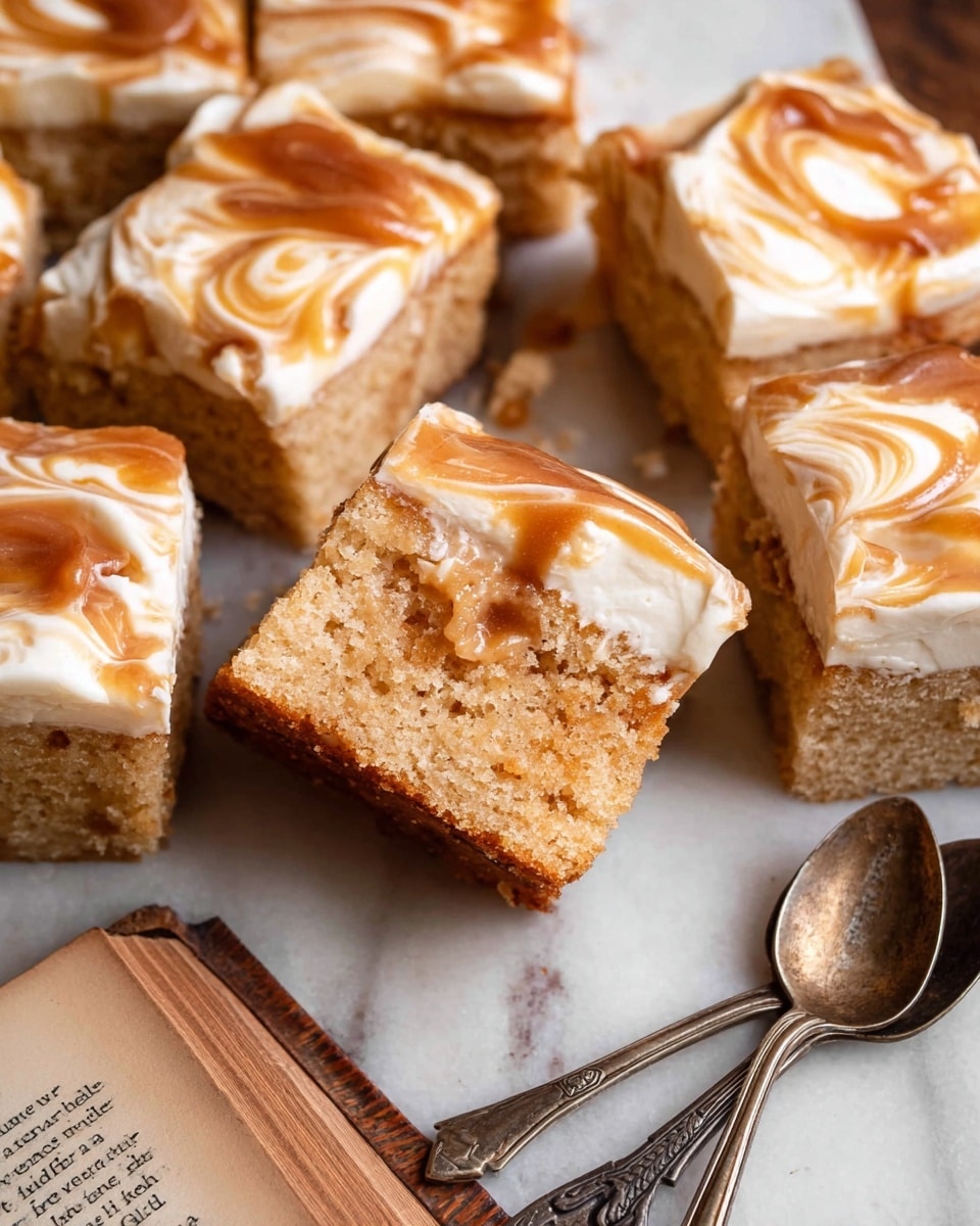 The image shows a close-up of a square piece of light brown cake with a soft and crumbly texture. Inside the cake, there is a thick layer of caramel-colored filling that looks smooth and sticky, slightly oozing from the center. On top of the cake, there is a thick layer of creamy frosting in a light beige color with swirls of caramel sauce spread unevenly across the surface. The cake piece is part of a larger group of similar squares placed closely together on parchment paper, set on a wooden board with a white marbled surface beneath. Photo taken with an iphone --ar 4:5 --v 7
