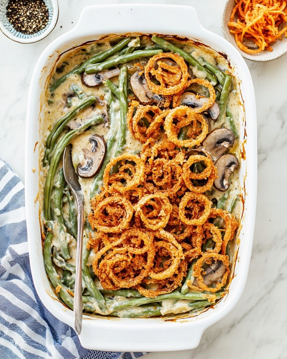 Creamy Green Bean Casserole with Mushrooms, Fried Onions, and Parmesan Recipe - Recipe Image