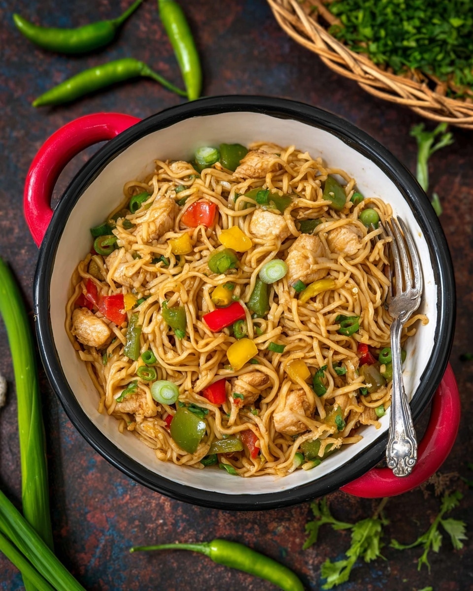 Spicy Chicken Noodles with Fried Chicken and Vegetables Recipe - Recipe Image