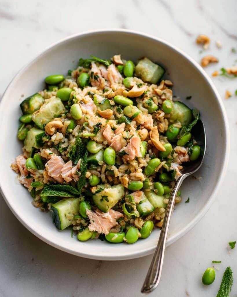 Crispy Rice Salad with Salmon, Edamame, and Toasted Cashews Recipe