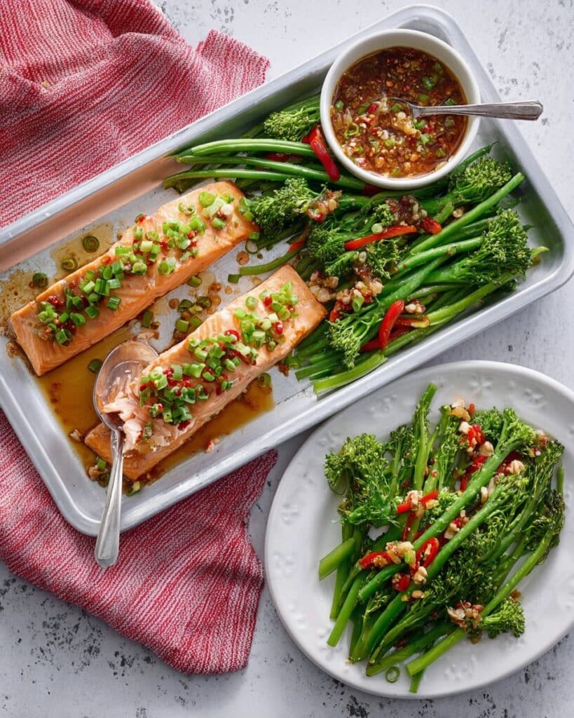 Salmon Traybake with Soy, Chilli, and Lime Recipe