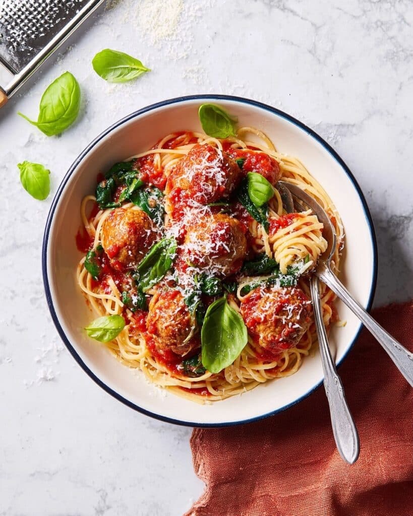 Chicken and Ricotta Meatballs with Spaghetti in Tomato and Spinach Sauce Recipe