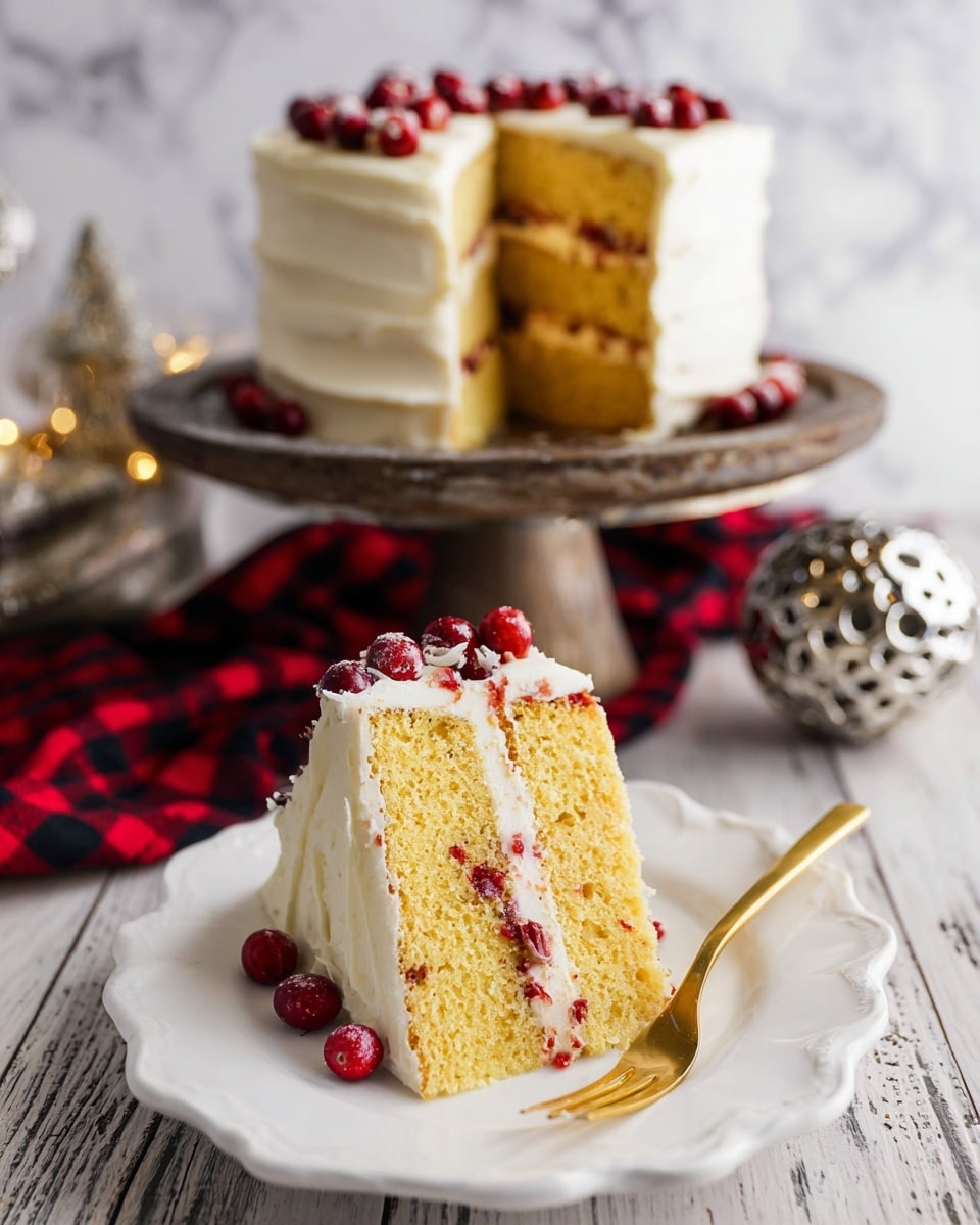 A slice of four-layer yellow cake with visible pieces of red fruit inside sits on a white scalloped plate, with smooth white frosting covering the outside and between each layer. There are five dark red berries placed at the base of the cake slice, next to a gold fork on the plate's right side. In the background, the rest of the cake, frosted with the same white frosting and topped with a layer of red berries, is on a decorative wooden cake stand, all set on a white marbled surface with a red and black checkered cloth and a textured silver decorative object slightly blurred behind. Photo taken with an iphone --ar 4:5 --v 7