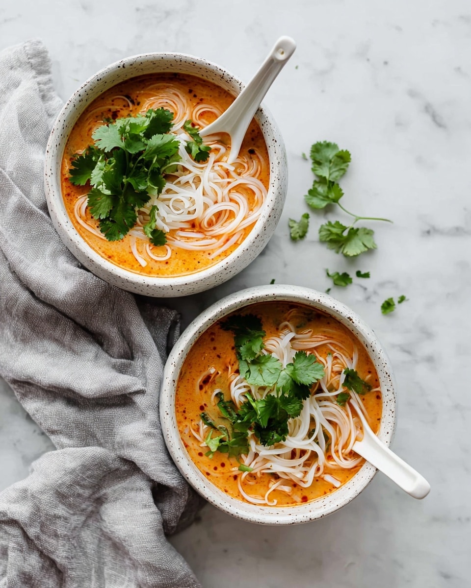 A bowl filled with rich orange broth sits on a white marbled surface, with white flat noodles partly submerged in the soup, showing smooth and slightly shiny texture. Bright green fresh cilantro leaves rest on top, adding a fresh color contrast. A white ceramic spoon with speckled edges leans into the bowl, partially dipped in the soup. A few extra cilantro leaves are scattered on the surface beside the bowl, enhancing the natural look. The bowl itself is light speckled beige with a round shape and thick edges. Photo taken with an iphone --ar 4:5 --v 7