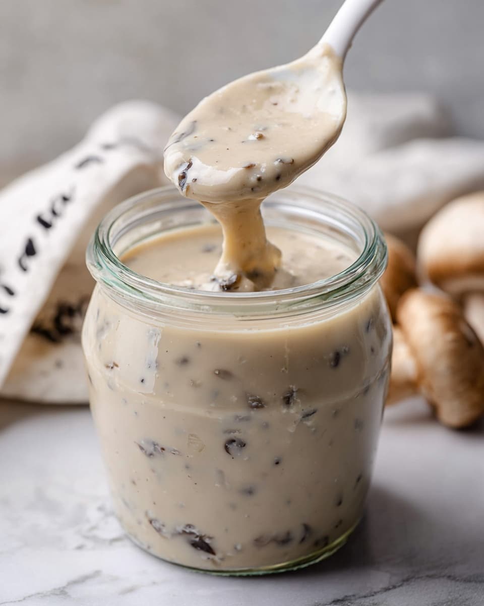 A close-up image of a clear glass jar filled with thick, creamy mushroom sauce that is light beige in color with small chunks of mushrooms visible throughout. A beige spoon dips into the sauce, lifting some with pieces of mushroom on it. In the background, white mushrooms are slightly blurred on a white marbled textured surface with a soft-focus white cloth nearby. The overall feel is fresh and homemade. photo taken with an iphone --ar 4:5 --v 7