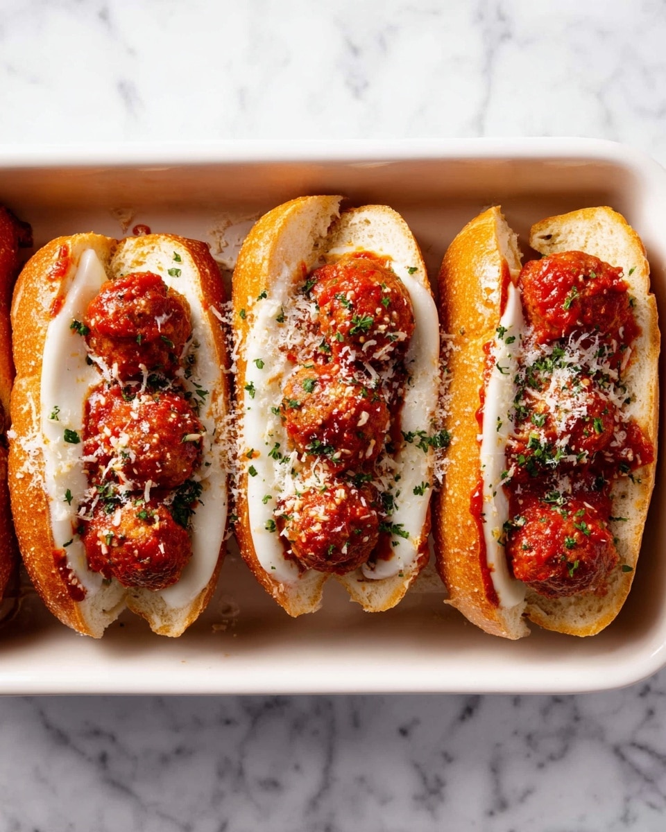 The image shows four small white bread boats filled with three layers. The bottom layer is creamy white cheese sauce, smooth and slightly melted into the bread. The middle layer is a bright red tomato sauce, thick and covering the cheese. On top are three golden-brown meatballs on each bread boat, with a textured surface and sprinkled with grated cheese and chopped green herbs for color. The bread has a golden crust and soft inside. The plate is white and placed on a white marbled surface, with small bowls of red pepper flakes, chopped parsley, and grated cheese scattered nearby. Photo taken with an iphone --ar 4:5 --v 7