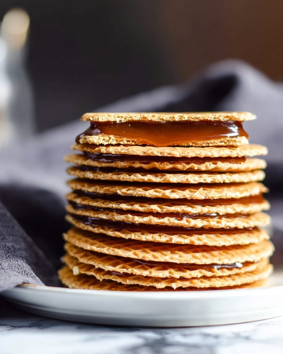 A stack of seven round, light golden-brown waffle cookies with a crisscross pattern is placed on a white plate. Between each cookie layer is a thin layer of chocolate spread. On the top cookie, thick, glossy dark chocolate sauce is being poured from a spoon held above, slowly dripping down the sides. In the background, a few more waffle cookies lie flat, and a metal sifter and a dark cloth are visible on a white marbled surface. The setting has an old book page partially under the plate. Photo taken with an iphone --ar 4:5 --v 7