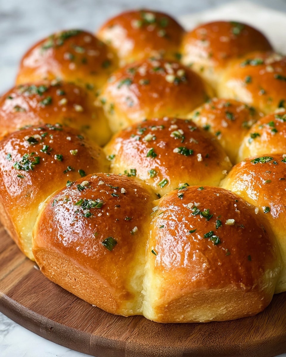 A close-up image shows a round, shiny golden-brown bread roll with a smooth and glossy top sprinkled lightly with chopped green herbs. The roll is held gently by a woman's hand with red painted nails. Behind it, there are several similar bread rolls touching each other on a wooden board, all evenly browned and topped with small green herb pieces. The background is a white marbled surface with scattered herbs. photo taken with an iphone --ar 4:5 --v 7