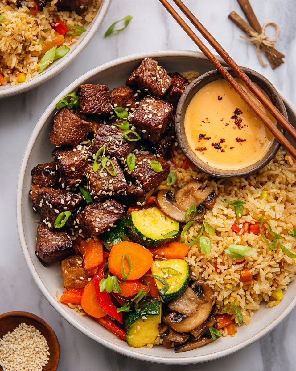 A white bowl filled with three main layers: on the left, dark brown grilled beef pieces topped with a light tan sauce and sprinkled with sesame seeds and chopped green onions; at the bottom left, sautéed vegetables including orange carrots, green zucchini, and brown mushrooms also drizzled with the same light tan sauce; on the right side, golden fried rice mixed with small bits of orange carrot and green onions. A small bowl of creamy, pale orange dipping sauce sits on top of the fried rice near the center. Two wooden chopsticks rest diagonally across the bowl on top of the beef. The bowl is placed on a light brown cloth over a white marbled surface. Photo taken with an iphone --ar 4:5 --v 7