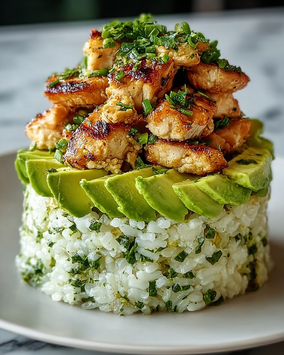 A round mound of white rice forms the bottom layer on a white plate placed on a white marbled surface. On top of the rice are small pieces of grilled chicken with a dark, caramelized glaze and scattered green herbs. The top layer consists of diced avocado mixed with chopped green herbs, adding a fresh light green color and texture against the glossy chicken. A glossy brown sauce with visible bits of herbs and garlic pools around the base of the rice, with a wedge of lime resting on the side of the plate. photo taken with an iphone --ar 4:5 --v 7