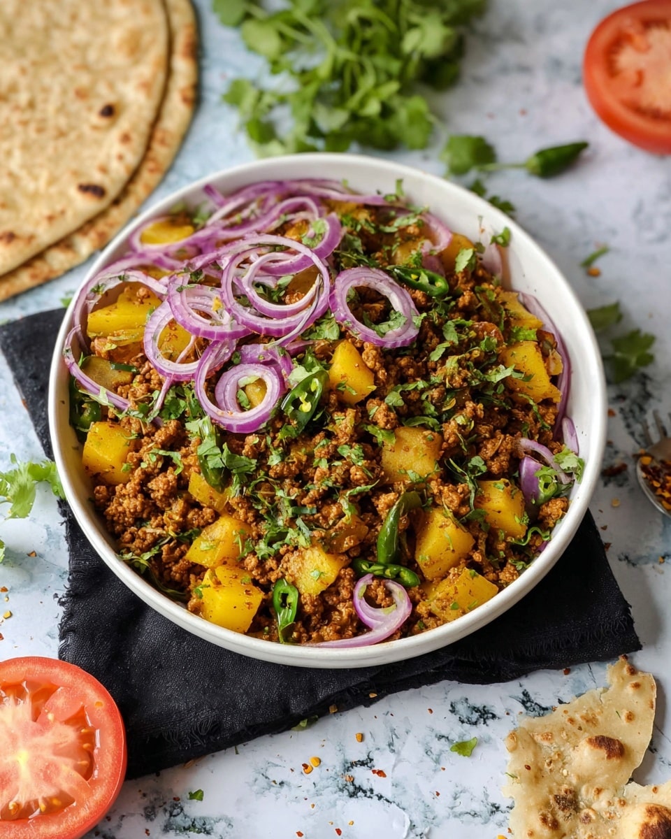 A white bowl filled with a cooked mix of ground meat and golden yellow potato cubes, sprinkled with chopped green herbs and thin slices of purple onion on top. The ground meat and potatoes look soft with a reddish-brown spice coating. The bowl is placed on a black cloth over a white marbled surface, with torn pieces of flatbread near the bottom right corner and more flatbread blurred in the background. Some green herbs and a half tomato also appear blurred in the background. Photo taken with an iphone --ar 4:5 --v 7