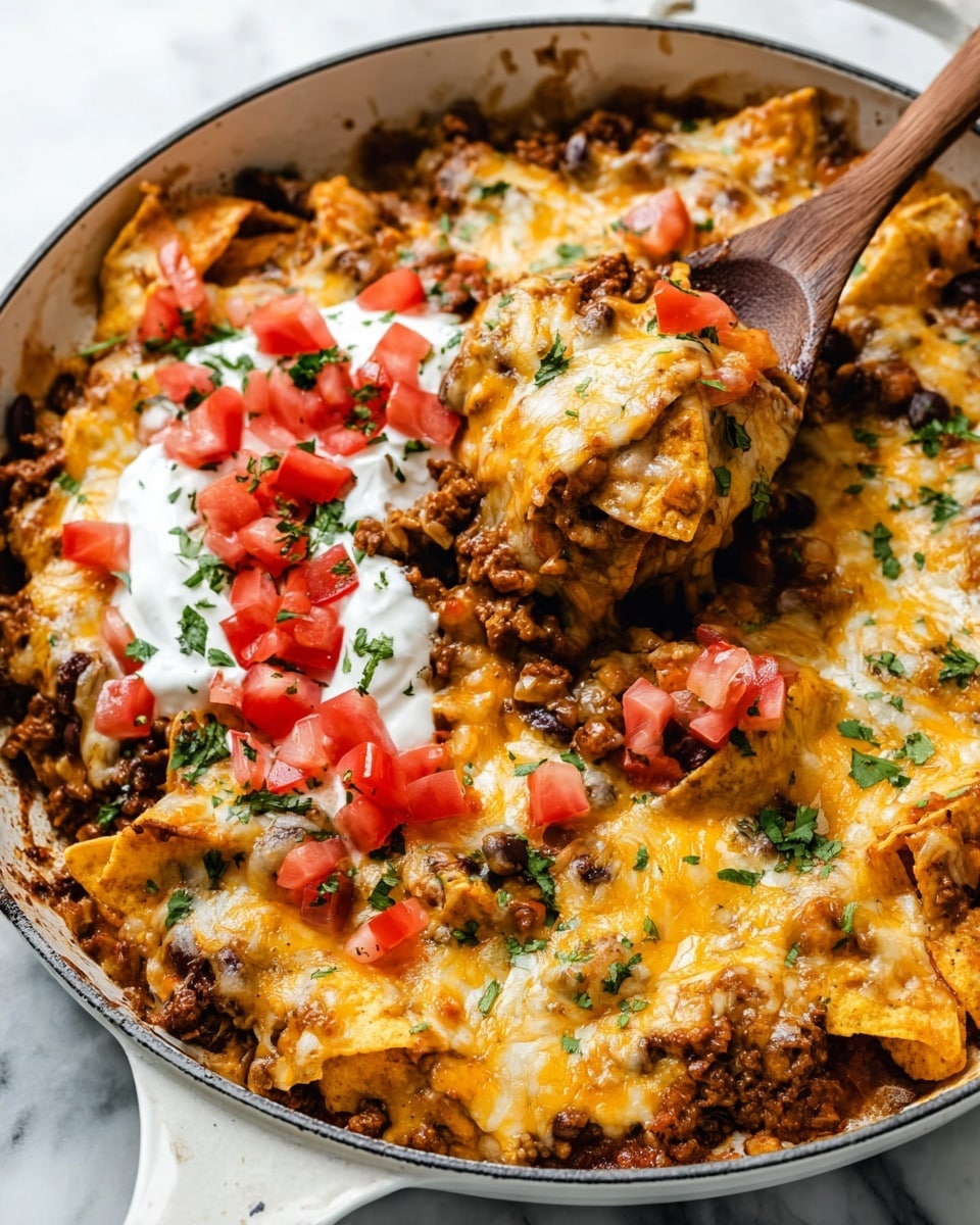 A white pan filled with a layered dish starting with cooked beans and ground meat mixed together in the base, topped with melted yellow and white cheese melted evenly over the top. On one side of the pan, there is a dollop of white sour cream with small diced red tomatoes and some green herbs sprinkled around. More diced tomatoes and green herbs are scattered on the left side of the dish on top of the cheese. The pan is placed on a white marbled surface with a wooden spoon nearby and a soft beige cloth partially visible. Photo taken with an iphone --ar 4:5 --v 7