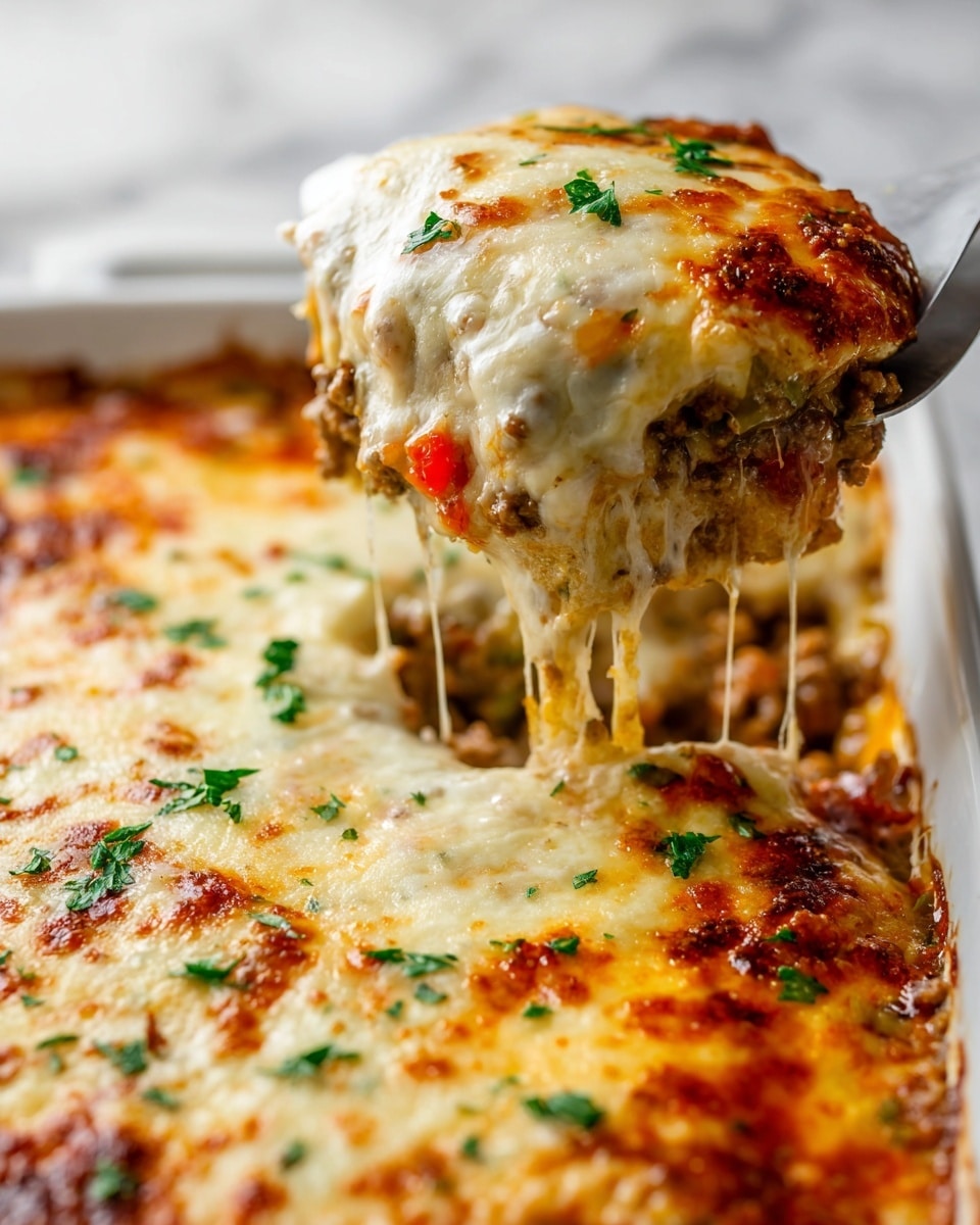 The image shows a white rectangular baking dish filled with a baked cheesy casserole. The top layer is golden brown with melted cheese, slightly crispy and sprinkled with fresh green herbs. A woman's hand is lifting a portion with melted, stretchy cheese dripping down. Underneath the cheese, visible layers include browned ground meat and pieces of red bell pepper in a creamy sauce. The scene is set on a white marbled surface. photo taken with an iphone --ar 4:5 --v 7