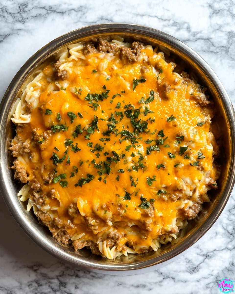 The image shows a round steel bowl filled with three main layers of food. The bottom layer is a mix of cooked ground meat and soft white rice, creating a grainy texture with light brown and beige colors. Above that is a thick layer of melted bright orange cheddar cheese that covers the bowl's surface unevenly, showing some cheese strands and small holes. Scattered on top are small pieces of fresh green parsley, adding a pop of color and texture contrast. The bowl sits on a surface with white marbled texture. Photo taken with an iphone --ar 4:5 --v 7