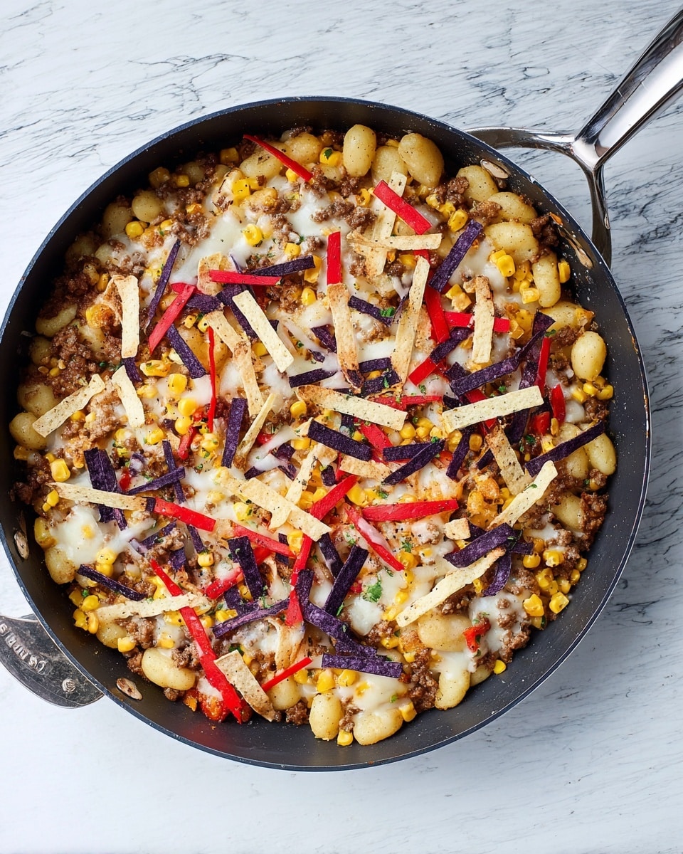The image shows a black skillet filled with a colorful mix of food including small round gnocchi, yellow corn kernels, browned ground meat, diced red and green vegetables, and strips of red, purple, and white tortilla chips scattered on top, creating a vibrant texture. A silver spatula with a black handle rests inside the skillet, partially scooping the mixture. Beside the skillet, there are two white plates on a gray and white woven cloth; each plate holds a serving of the same mixture. The food layers show a base of gnocchi and meat mixed with corn, colorful diced vegetables spread throughout, and crunchy tortilla strips on top. The whole scene is set on a white marbled surface. Photo taken with an iphone --ar 4:5 --v 7