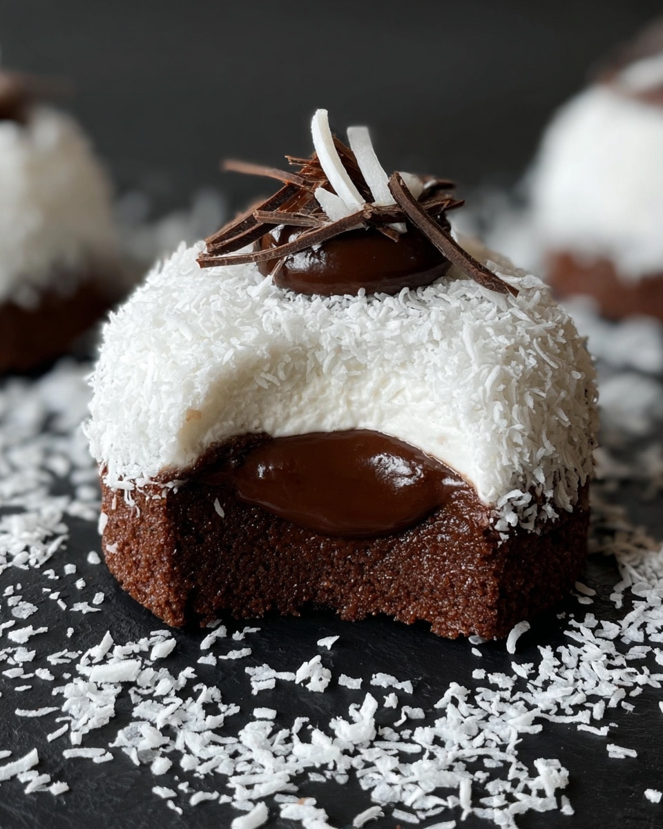 The image shows a small round dessert with three visible layers. The base layer is a dark brown, soft cake. The middle layer is a thick, shiny dark chocolate filling that is slightly oozing out. The top layer is a white, fluffy coating covered with shredded white coconut. On top of the dessert, there are thin chocolate shavings and a small dollop of dark chocolate. The dessert sits on a white marbled surface with some shredded white coconut scattered around. Photo taken with an iphone --ar 4:5 --v 7