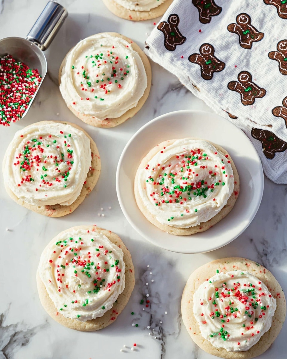 The image shows five round, soft cookies scattered on a white marbled surface. Each cookie has one layer, a light golden base dotted with colorful confetti sprinkles inside. On top, there is a thick layer of white creamy frosting swirled in a circle, decorated with red and green sprinkles. One cookie is placed on a white plate stack at the center. Near the cookies, there is a small cup full of red, white, and green sprinkles, and a cloth with a black gingerbread man pattern is draped casually on the right side. photo taken with an iphone --ar 4:5 --v 7