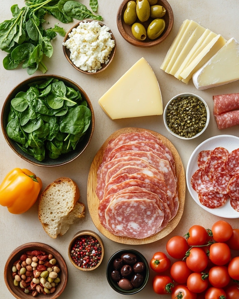 The image shows a big sandwich cut in half and stacked. It has three thick layers of soft bread with a light brown crust and fluffy texture inside. Between the bread layers, there are several fillings: thin slices of orange and yellow cheese, red slices of roasted peppers, green leafy vegetables, white onion pieces, and some slices of light-colored meat. The sandwich is set against a dark background with soft colorful lights, and the base is a white marbled surface. Photo taken with an iphone --ar 4:5 --v 7